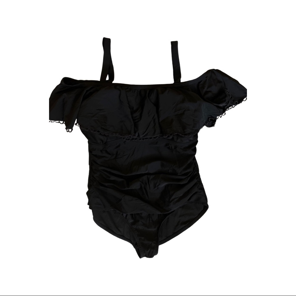 Black off the shoulder rushing one piece bathing suit